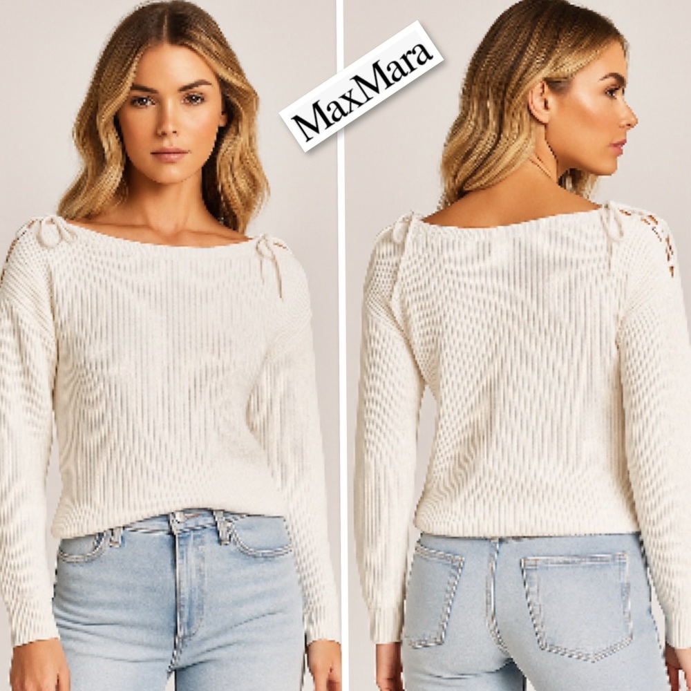 New Max Mara 100% Cotton Ribbed Knit Boat Neck ShoulderTie In Optical White Sz S
